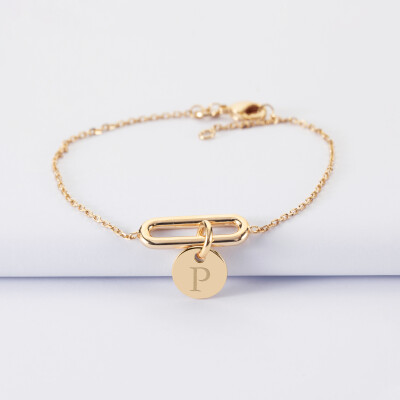 Bracelet chaîne ovale ouvert personnalisé médaille gravée plaqué or 10 mm - P
