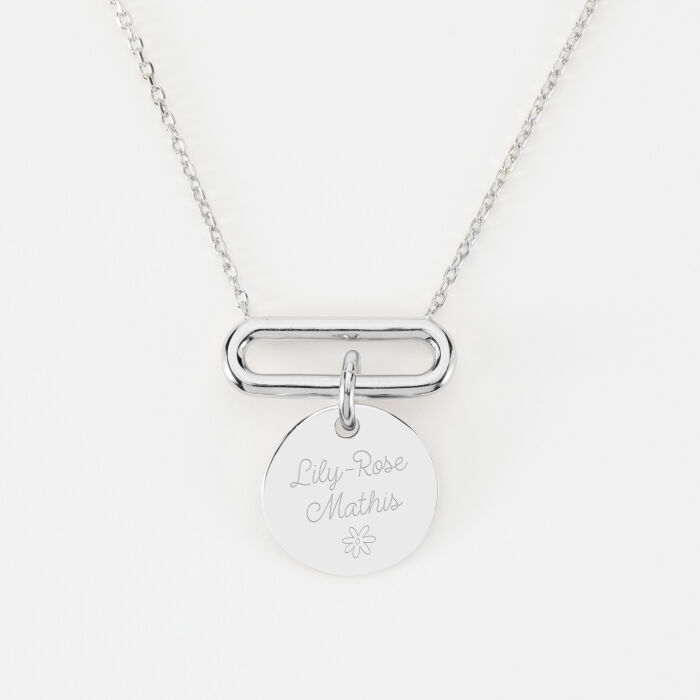 Collier chaîne ovale ouvert personnalisé médaille gravée argent 15 mm - prénoms et pictogramme