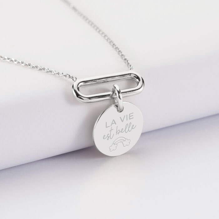 Collier chaîne ovale ouvert personnalisé médaille gravée argent 15 mm - illustration la vie est belle