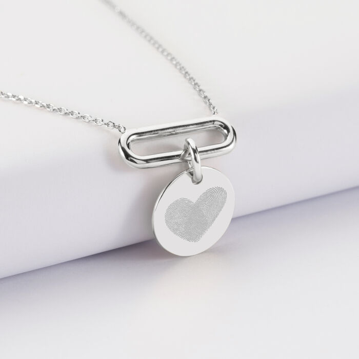 Collier chaîne ovale ouvert personnalisé médaille gravée argent 15 mm - empreintes coeur