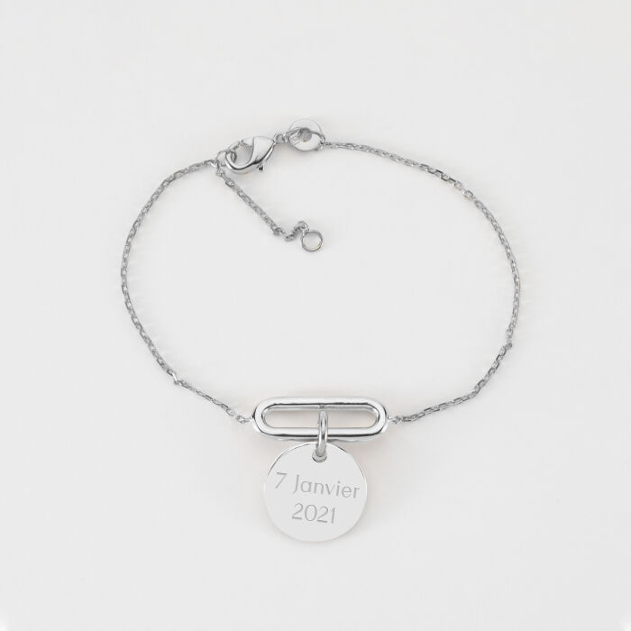 Bracelet chaîne ovale ouvert personnalisé médaille gravée argent 15 mm - texte