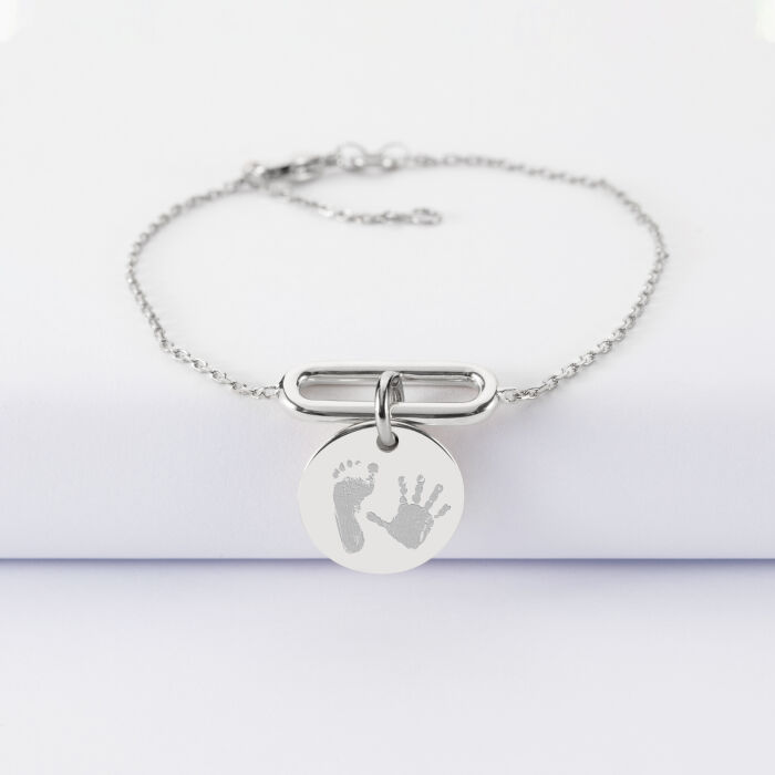 Bracelet chaîne ovale ouvert personnalisé médaille gravée argent 15 mm - empreintes