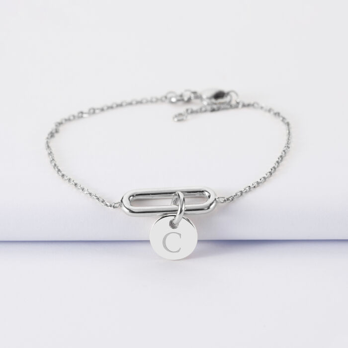Bracelet chaîne ovale ouvert personnalisé médaille gravée argent 10 mm - C