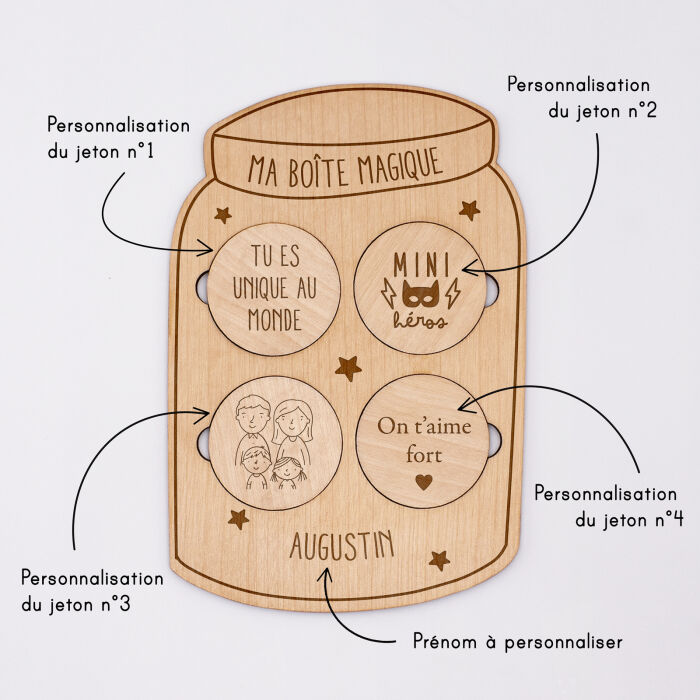Planche "boîte magique" personnalisée bois gravé 14,5x10 cm - explications