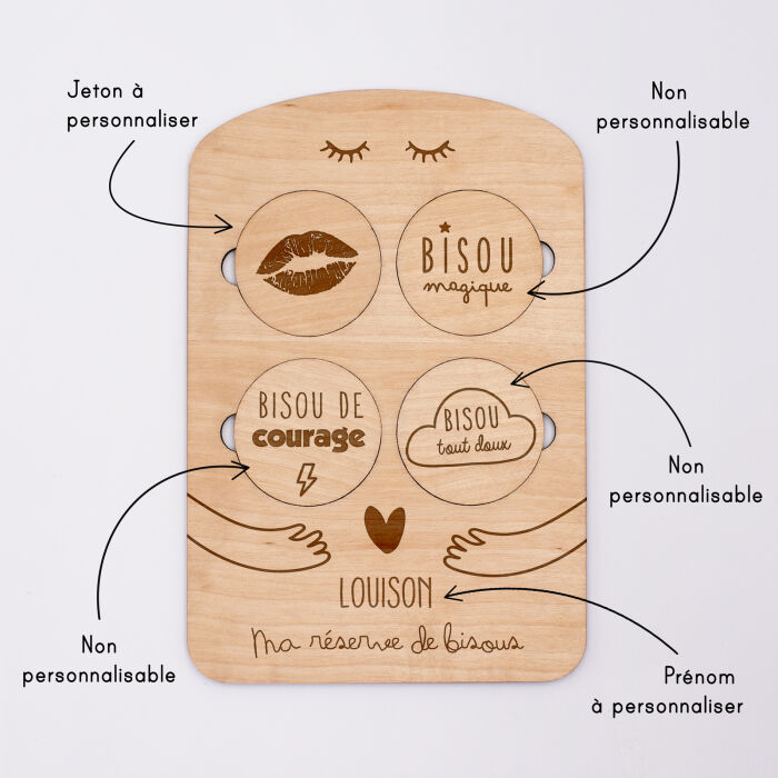Planche "réserve de bisous" personnalisée bois gravé 15x10 cm - explications