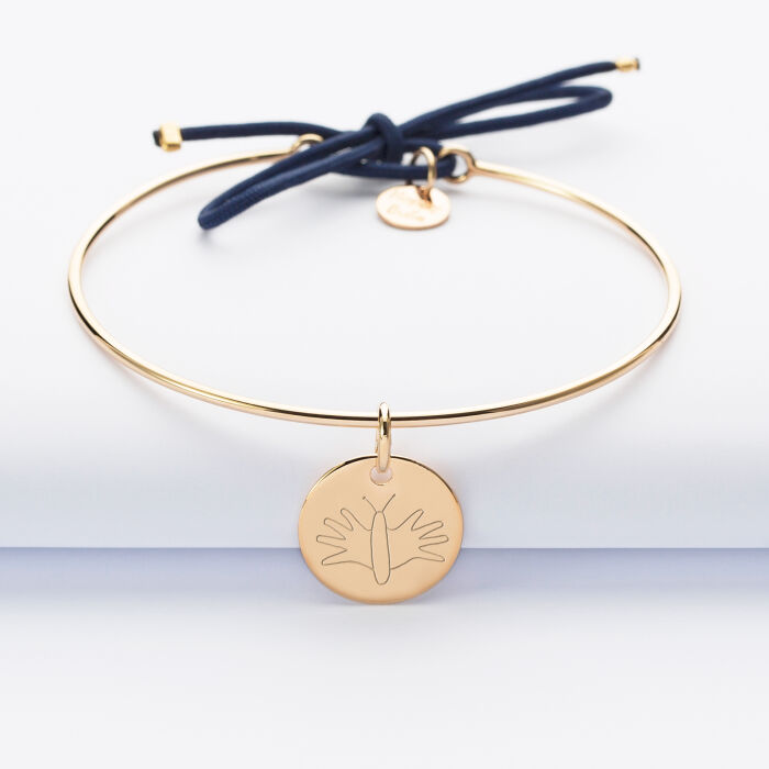 Personalised gold plate bangle with cord and 15 mm engraved medallion sketch