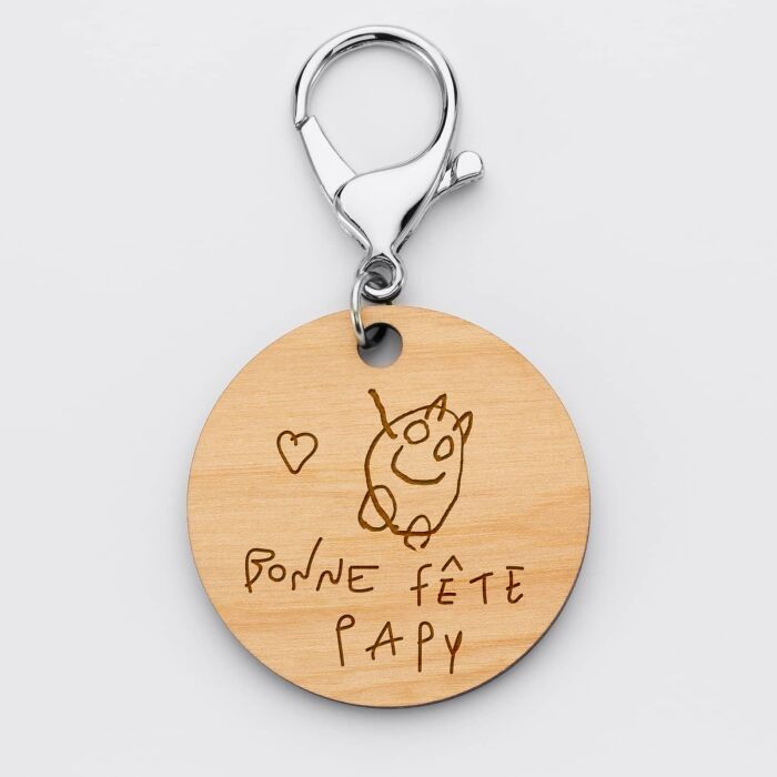 Porte-clés personnalisé gravé bois médaille ronde 50 mm - "Super papy depuis" - dessin
