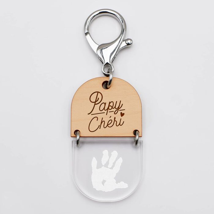Porte-clés personnalisé gravé bi-matière bois 55 mm - édition spéciale "papy" - papy chéri, empreinte main