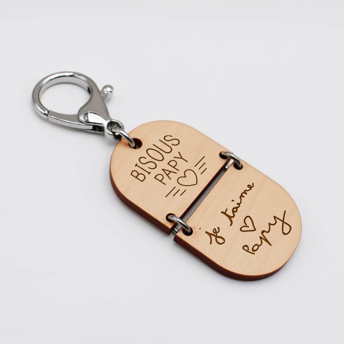 Porte-clés personnalisé gravé bi-matière bois 55 mm - édition spéciale "papy" - bisous papy, écrit