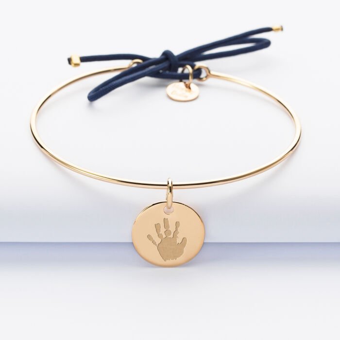 Bracelet personnalisé jonc plaqué or et cordon médaille gravée 15 mm empreinte