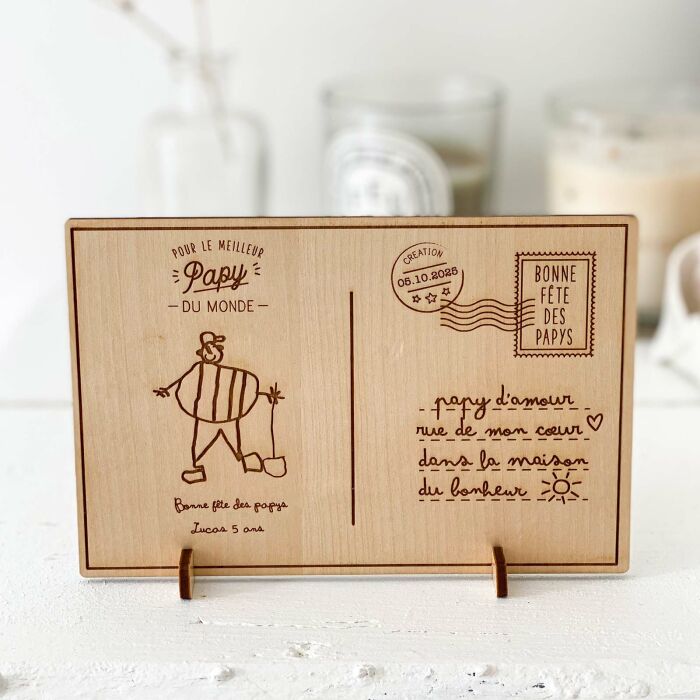 Cadre carte postale papy personnalisé bois gravé 15x10 cm avec support - édition spéciale "Bonne fête papy" - ambiance