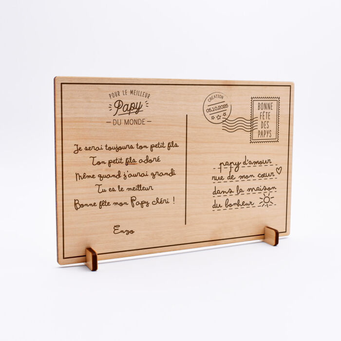 Cadre carte postale papy personnalisé bois gravé 15x10 cm avec support - édition spéciale "Bonne fête papy" - texte