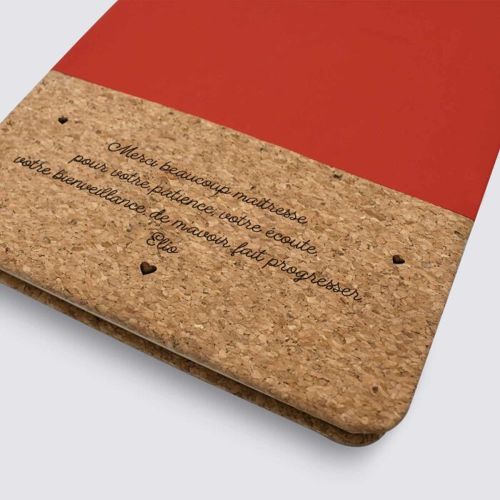 Carnet bi-matière en liège personnalisé 14x21 cm - texte et pictogrammes coeurs