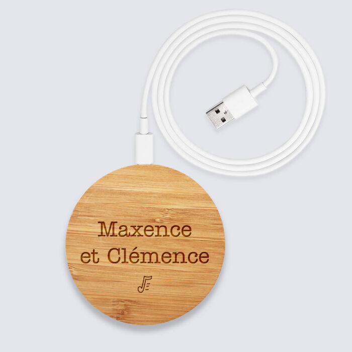 Chargeur à induction personnalisé bambou gravé 9x9 cm - texte et pictogramme musqiue