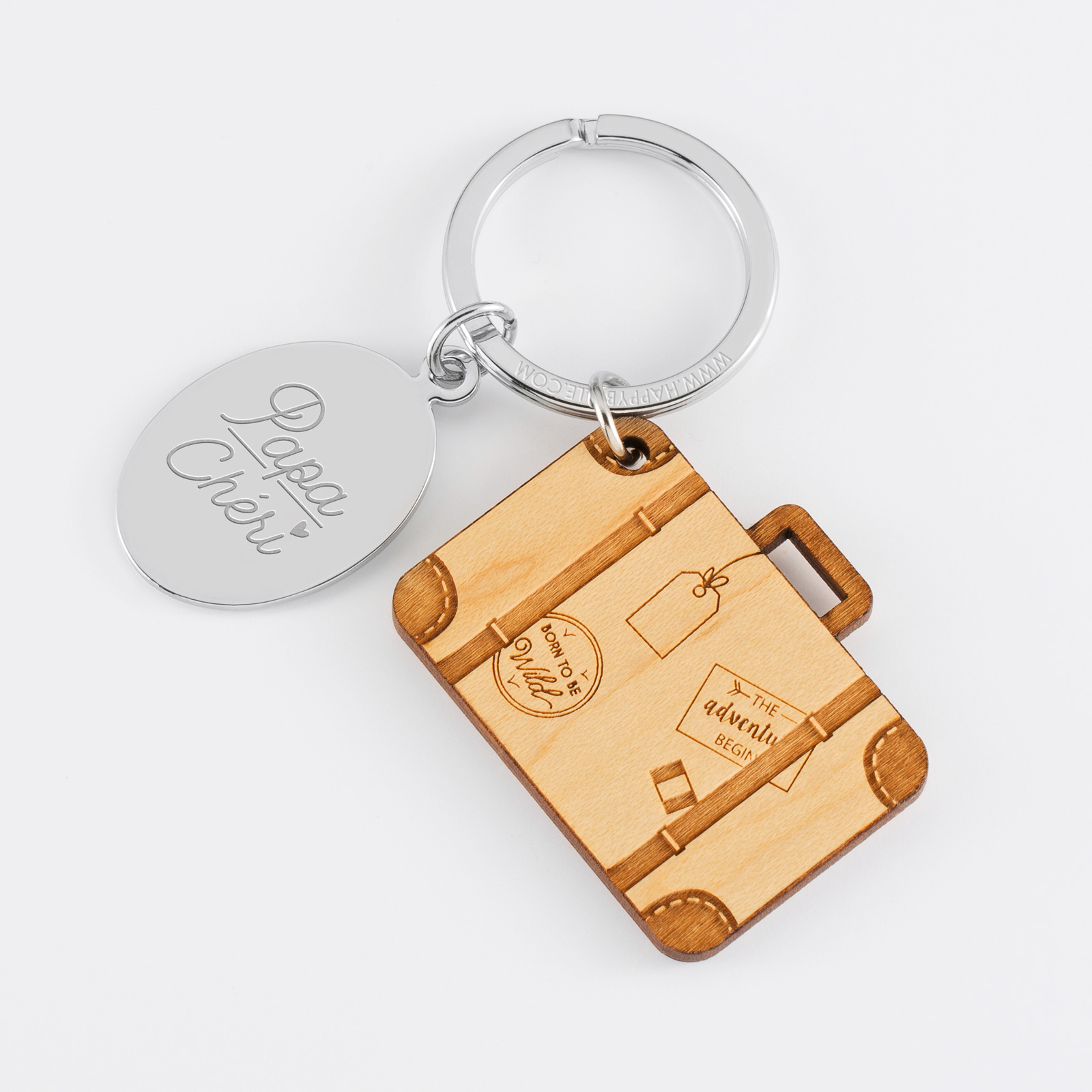 Porte clé valise personnalisé médaille acier gravée et breloque bois