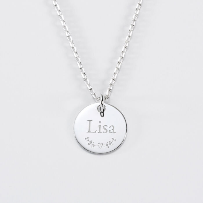 Pendentif baptême enfant personnalisé médaille gravée argent 15 mm - prénom et pictogramme