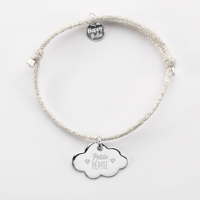 Bracelet enfant personnalisé cordon pailleté médaille gravée argent nuage 20x14 mm - illustration