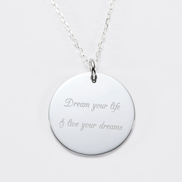 Personalised engraved silver medallion pendant 27 mm - text
