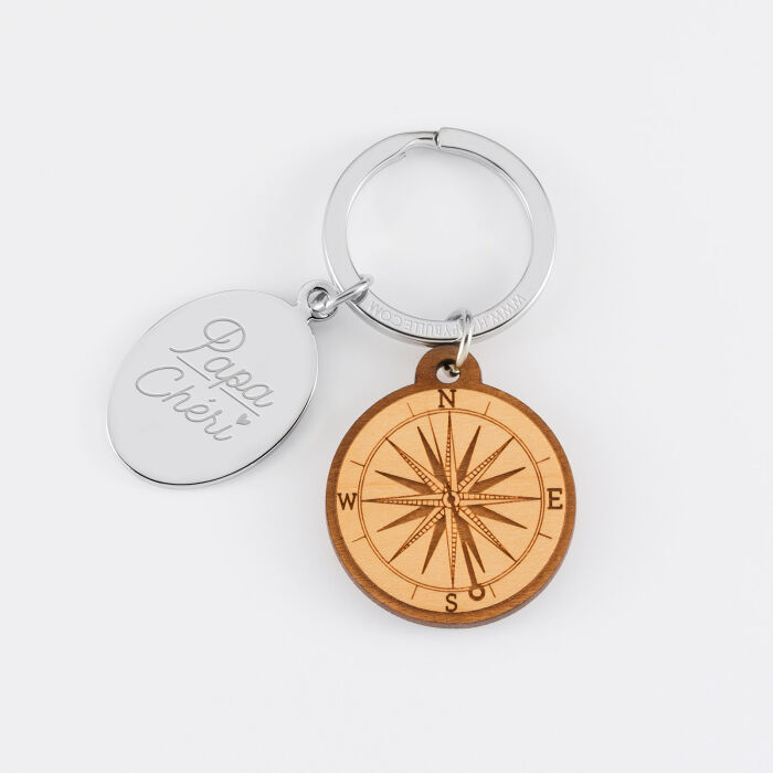 Porte clé personnalisé médaille gravée ovale acier et breloque bois boussole - illustration papa