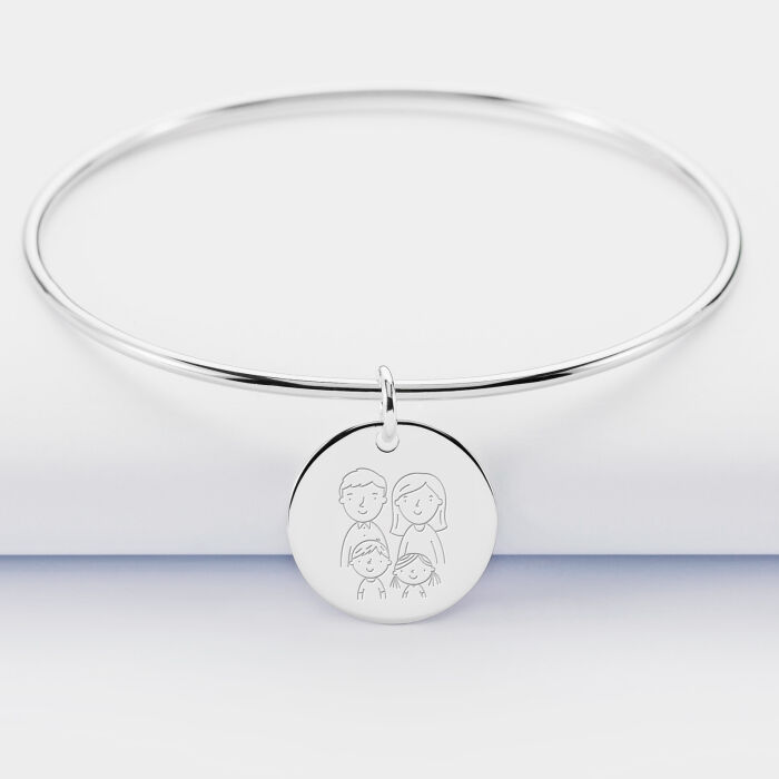 Bracelet personnalisé jonc argent médaille gravée 19 mm - illustration famille