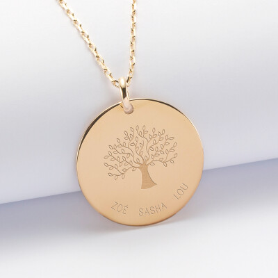 Pendentif personnalisé médaille gravée plaqué or 27 mm " - Edition spéciale Arbre de Vie 3 prénoms