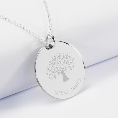 Pendentif personnalisé médaille gravée argent 27 mm " - Edition spéciale Arbre de Vie 2 prénoms