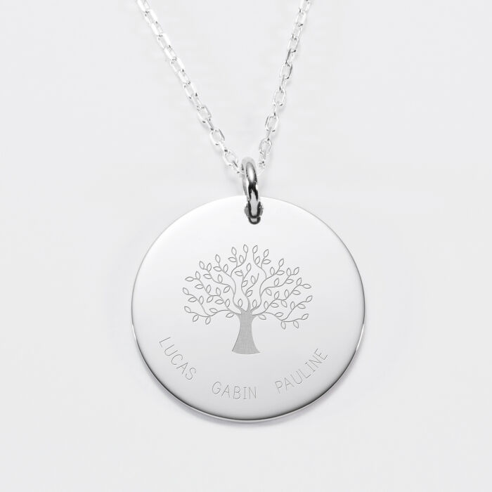 Pendentif personnalisé médaille gravée argent 27 mm " - Edition spéciale Arbre de Vie 3 prénoms