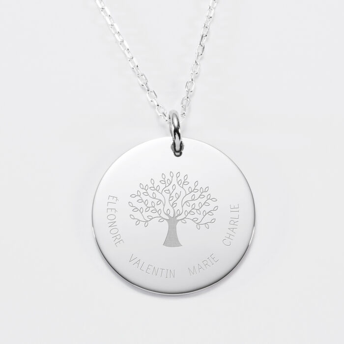 Pendentif personnalisé médaille gravée argent 27 mm " - Edition spéciale Arbre de Vie 4 prénoms