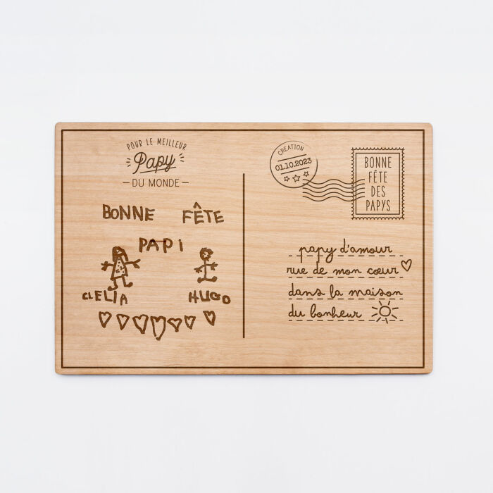 Cadre carte postale papy personnalisé bois gravé 15x10 cm avec support - édition spéciale "Bonne fête papy" - dessin et texte manuscrit