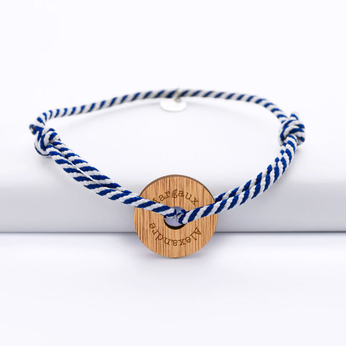 Personalised men's bracelet braided cord medal engraved wood target round 21 mm