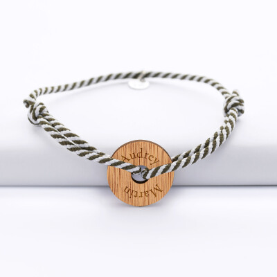 Bracelet homme personnalisé cordon marin tressé médaille gravée bois cible ronde 21 mm - 2 prénoms
