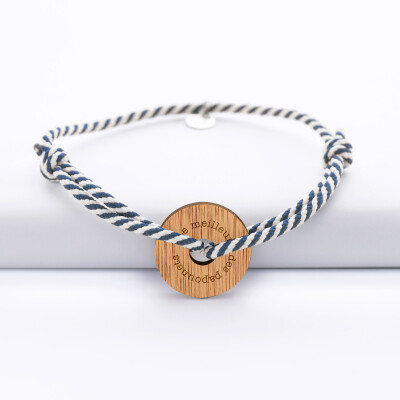 Bracelet homme personnalisé cordon marin tressé médaille gravée bois cible ronde 21 mm - texte siimple