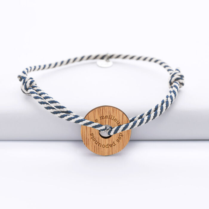 Personalised men's bracelet braided cord medal engraved wood target round 21 mm