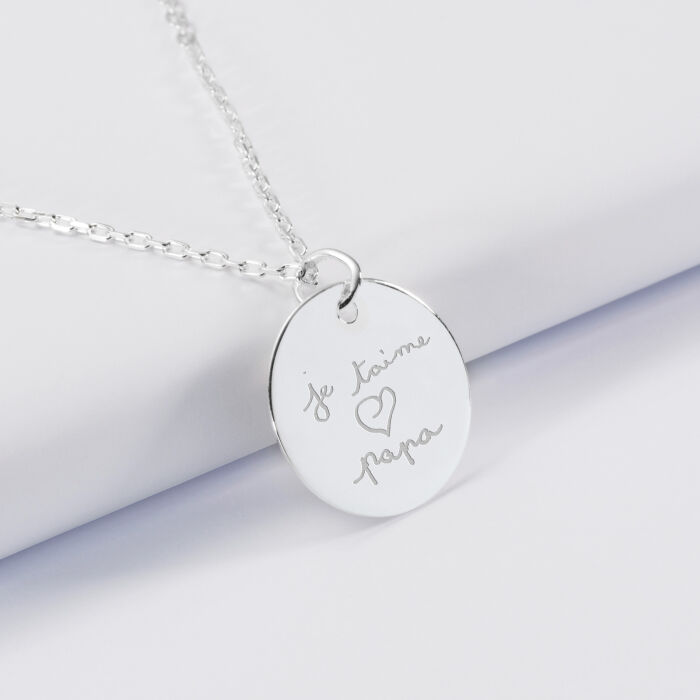 Pendentif homme personnalisé médaille gravée argent 19 mm - texte manuscrit