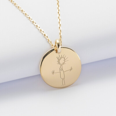 Pendentif homme personnalisé médaille bombée gravée plaqué or 20 mm - dessin
