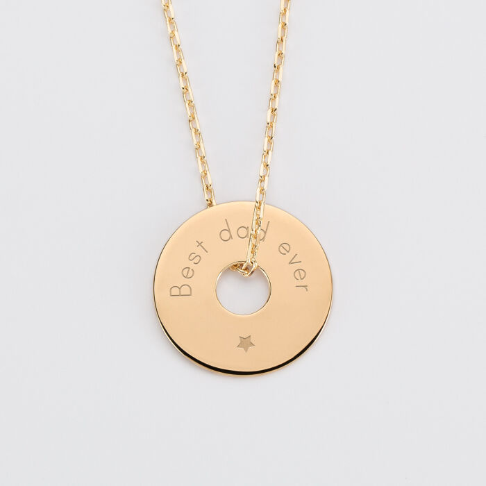 Pendentif homme personnalisé médaille gravée plaqué or cible 20mm - texte et étoile