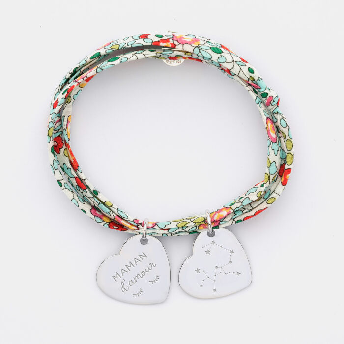 Bracelet 3 tours Liberty personnalisé 2 médailles gravées argent dormeuses coeur 19x21 mm - illustrations constellation et maman