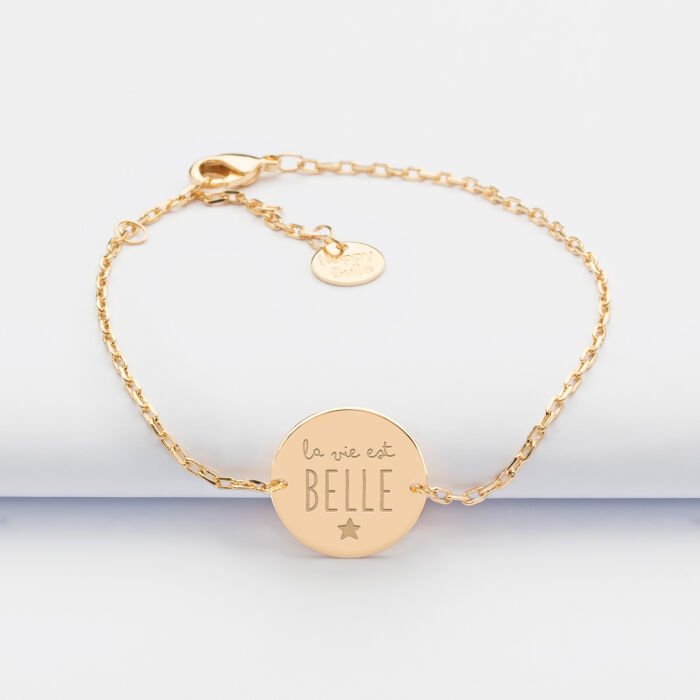 Bracelet enfant chaîne personnalisé médaille gravée plaqué or 2 trous 15 mm - illustration citation