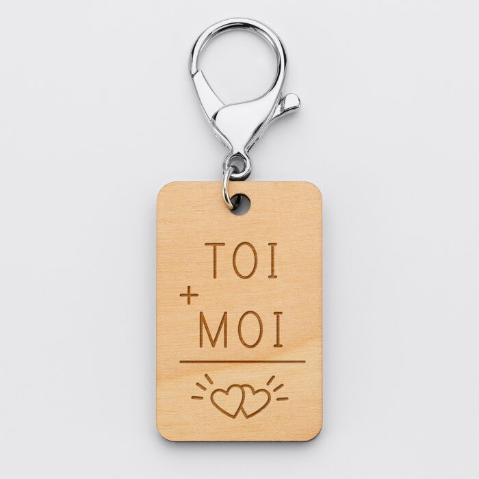 Porte clé personnalisé gravé bois médaille rectangle 55x35 mm - illustration amour