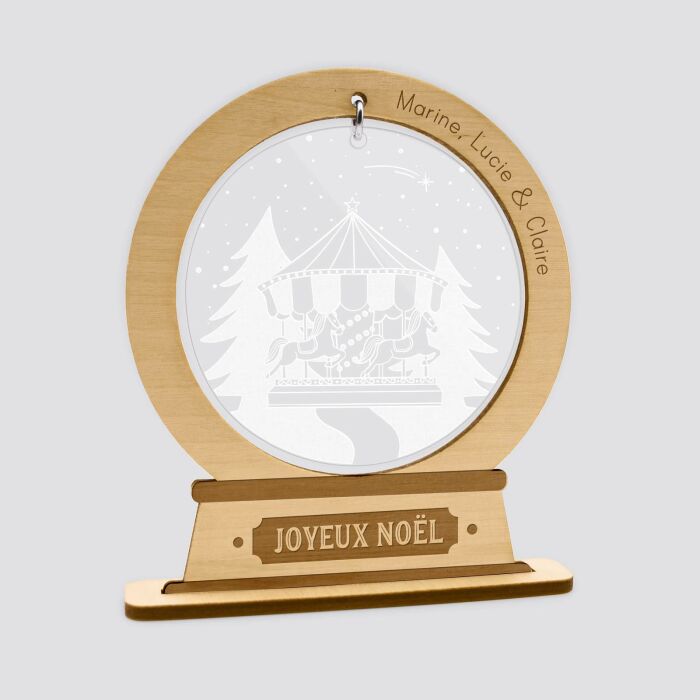 Boule à neige personnalisée bois gravé - édition spéciale "Manège enchanté" joyeux noël