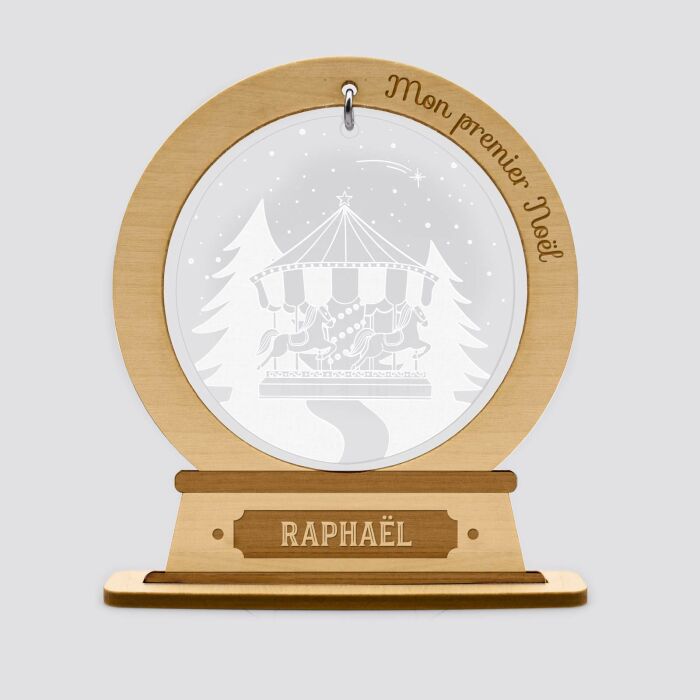 Boule à neige personnalisée bois gravé - édition spéciale "Manège enchanté" - Raphaël