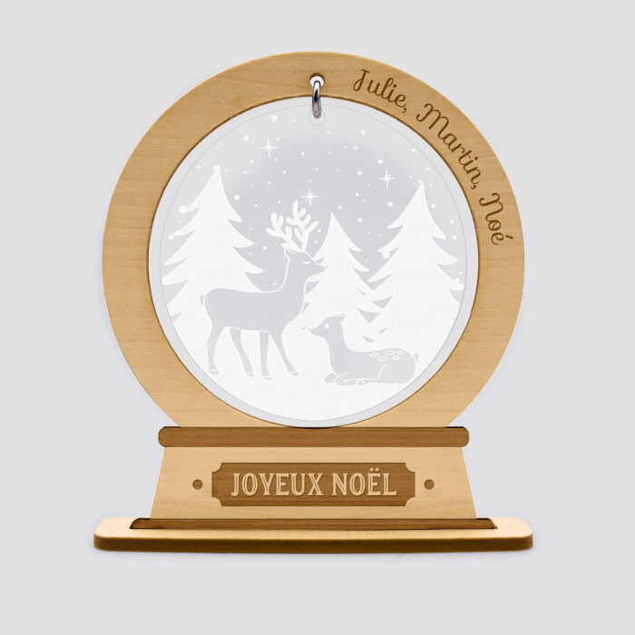Boule à neige personnalisée bois gravé - édition spéciale "Forêt magique" - Joyeux noel