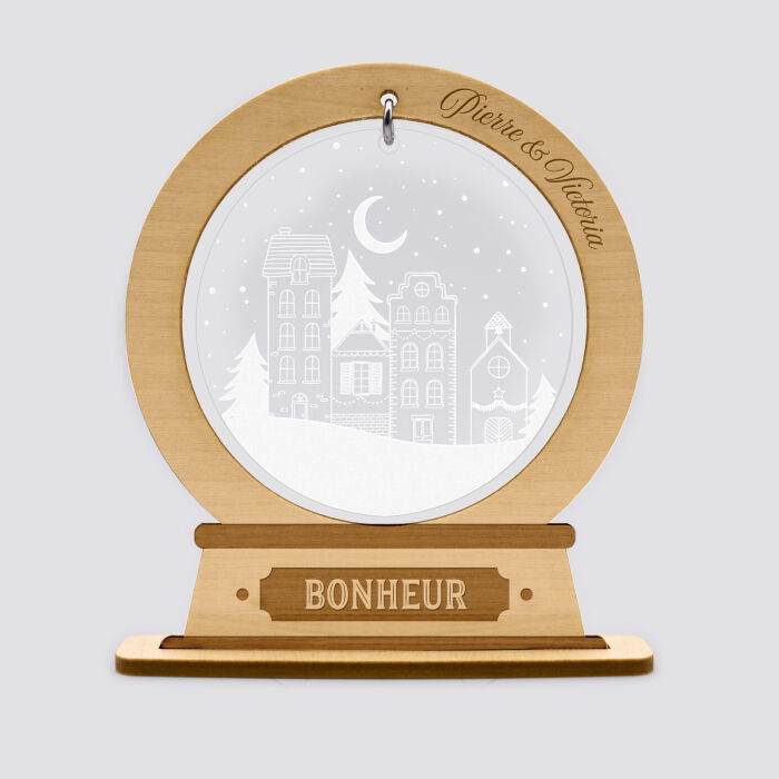 Boule à neige personnalisée bois gravé - édition spéciale "Village féérique" bonheur