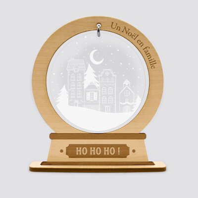 Boule à neige personnalisée bois gravé - édition spéciale "Village féérique" - ho, ho, ho !