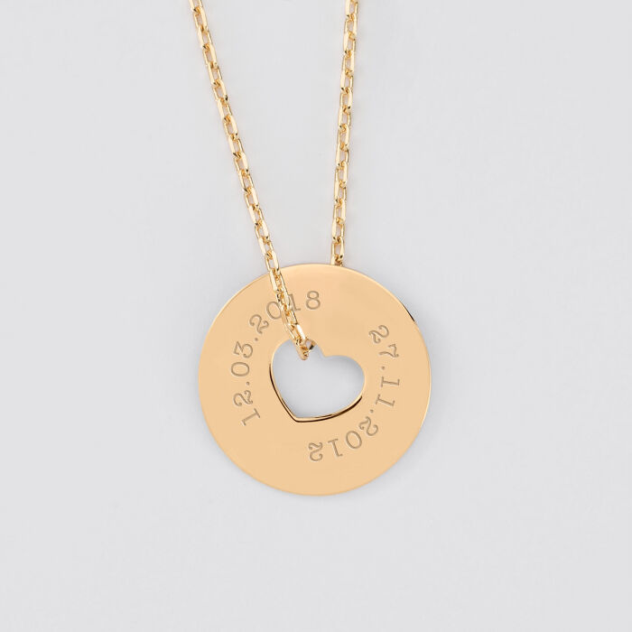 Pendentif personnalisé médaille gravée plaqué or cible coeur 21 mm - 2 dates
