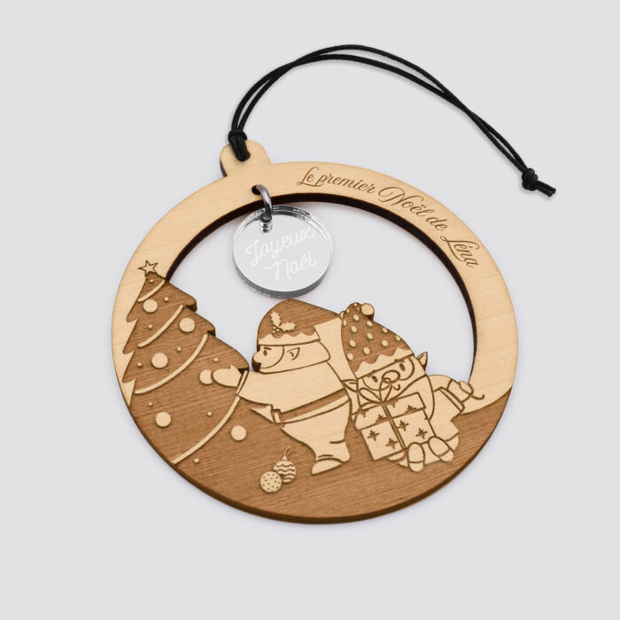 Boule de noël personnalisée bois gravé - édition spéciale "Petits lutins" - premier noël argent