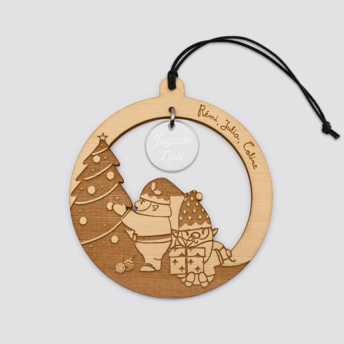 Boule de noël personnalisée bois gravé - édition spéciale "Petits lutins" - 3 prénoms argent