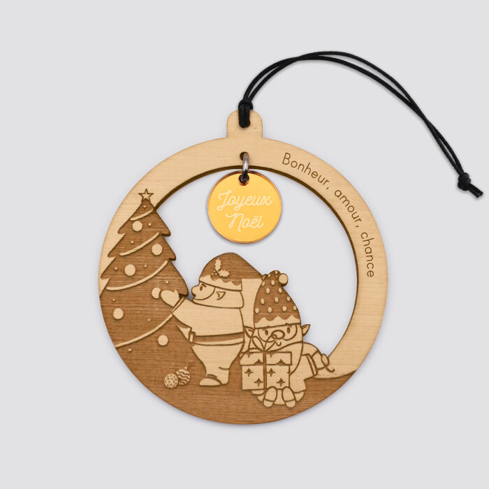Boule de noël personnalisée bois gravé - édition spéciale "Petits lutins" voeux doré