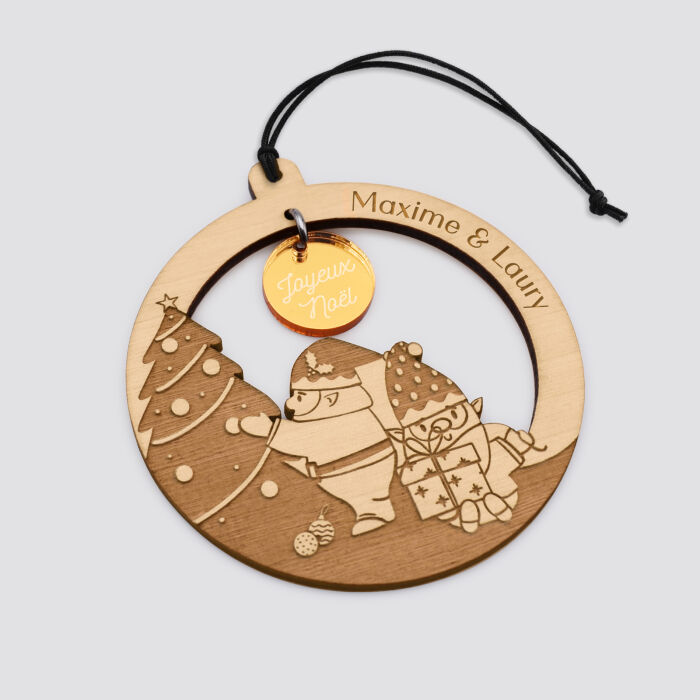 Boule de noël personnalisée bois gravé - édition spéciale "Petits lutins" - 2 prénoms doré