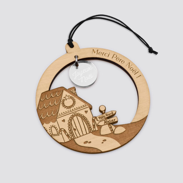 Boule de noël personnalisée bois gravé - édition spéciale "Maison pain d'épices" - merci père noël argent